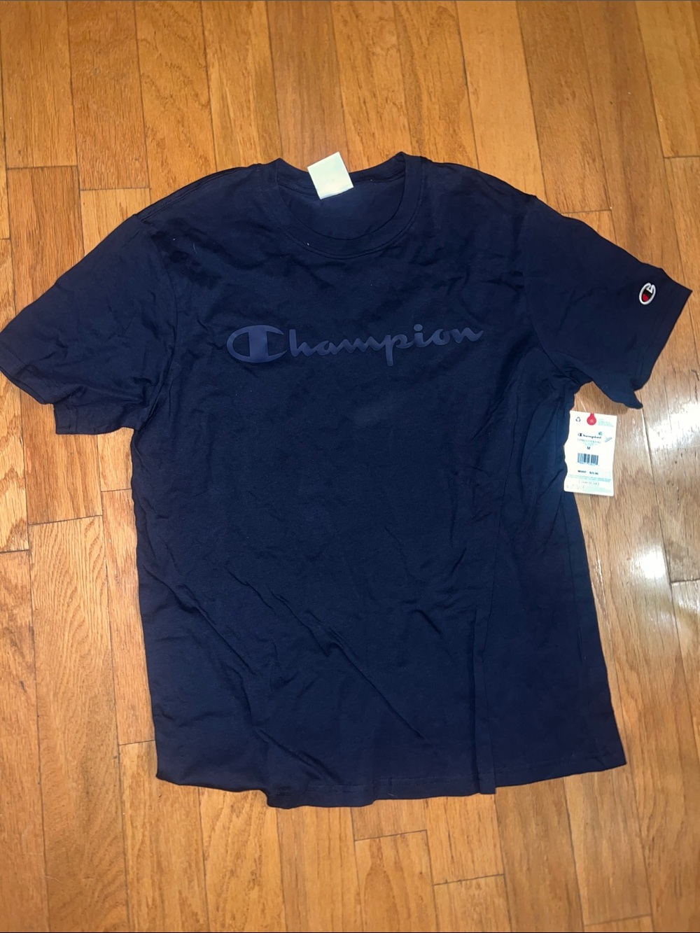 Champion Short Sleeve Crewneck Tee in Navy Blue with Tone-on-Tone Logo